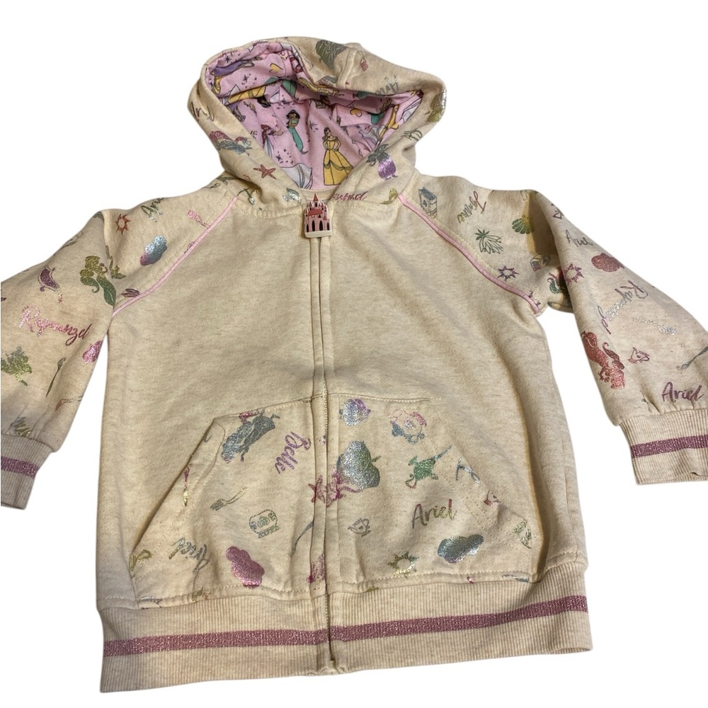 Disney Cream Princess Ariel and Rapunzel Zip-Up Hoodie with Pink Trim size 4